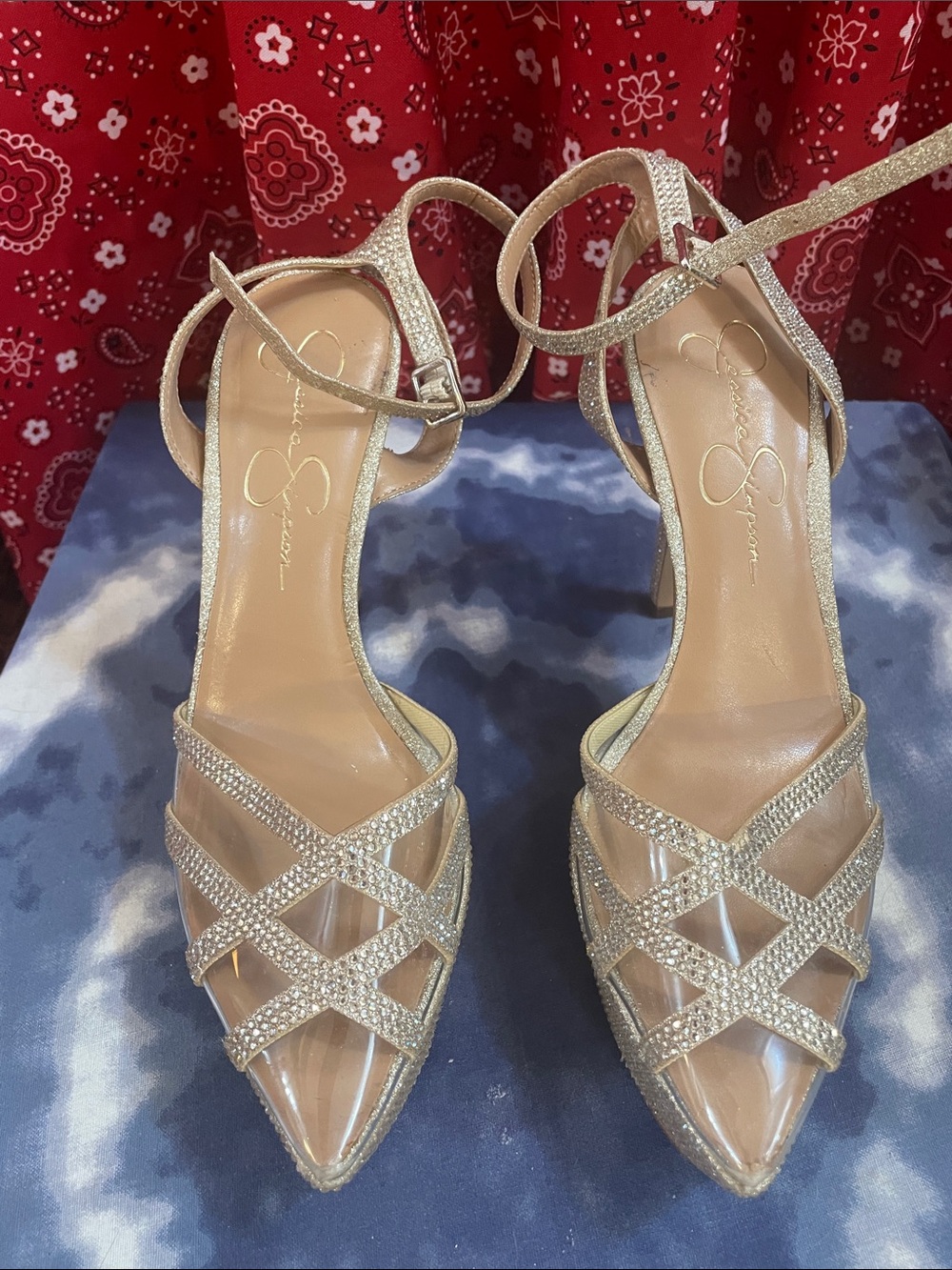 Jessica Simpson Champagne Glitter Strappy Pointed Heels